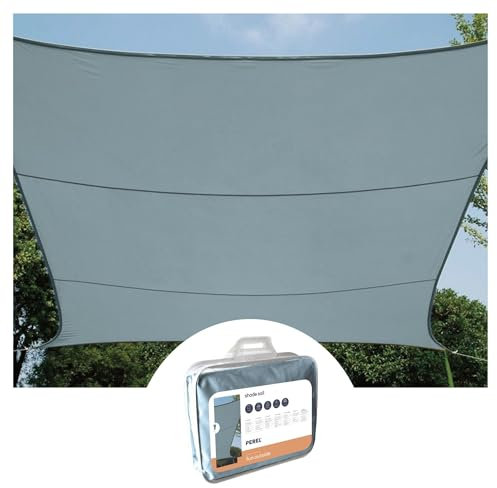 Perel Sonnensegel, Segel Sonnenschutz für Terrasse und Pool, wasserabweisend, UV-Schutz, 4 Edelstahl-O-Ringe, 2 x 3 m, 160 g/m², Polyester, Rechteck, blaugrau