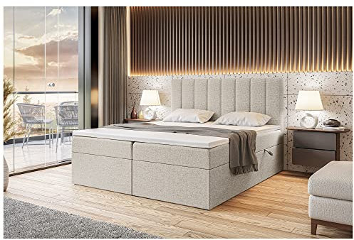 MEBLINI Boxspringbett mit Bettkasten - Gepolstert Doppelbett mit Matratze und Topper - Polsterbett mit Stauraum - Bett mit Kopfteil - Stauraumbett - Erling - 180x200 - H4/Beige Webstoff