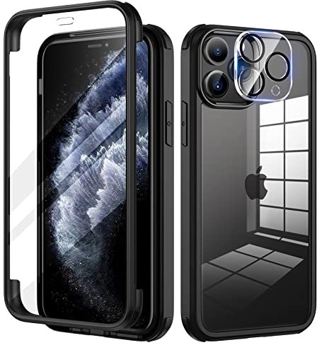 seacosmo Cover per iPhone 11 Pro, Vetro Temperato 9H Integrato per Schermo, Pellicola HD per Protezione Fotocamera, Custodia Rugged 360 Gradi Antiurto, Fronte e Retro Doppia Faccia Case, Nero