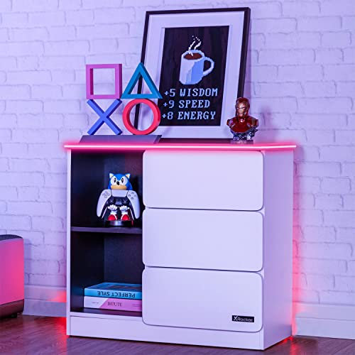 X-Rocker Carbon-Tek 70cm Width, RGB LED Chest of Drawers - Neo Fibre Lighting, 3 Drawer, 2 Open Shelves, Durable Wooden Frame for Kids & Teens - White