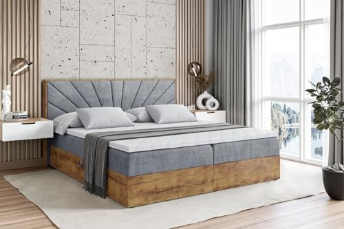 ALTDECOR Boxspringbett mit H3-Matratze (20 cm hoch) mit Bonellfederung + PUR, Topper (4 cm hoch), Polsterbett mit Kopfteil und Bettkasten mit Eiche Holz - LOLLI6-180x200 Grau Samt