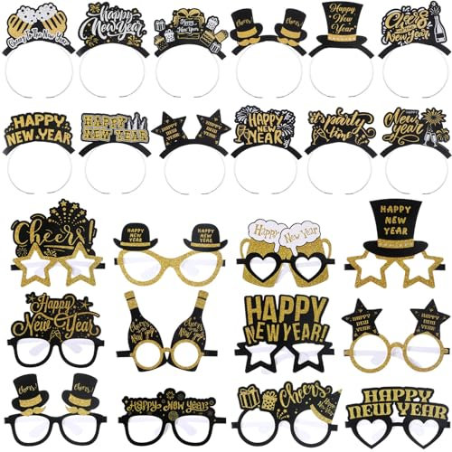 Harrycle 48 Stück Happy New Year Party Geschenke 2024 inklusive 24 Stück Neujahr Brillen 24 Stück Neujahr Stirnbänder Schwarz Kopfschmuck mit Glitzer Gold Brillen Silvester Party Dekoration Zubehör