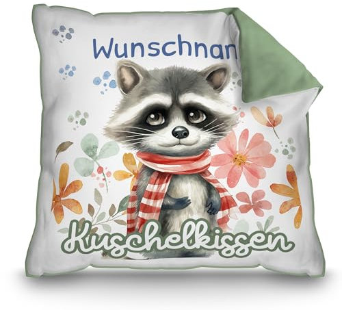 PR Print Royal Personalisiertes Kuschel-Kissen für Kinder mit Füllung - mit Name selbst gestalten - Waschbär Kissen für Mädchen und Jungs, Kinderkissen mit Name | 40 x 40 cm, Rückseite Grün