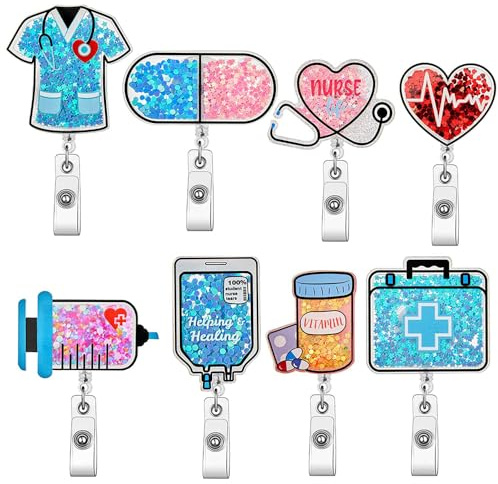 Lot de 8 porte-badges rétractables à paillettes avec pince crocodile pour pharmacien, médecin, infirmière, bénévole