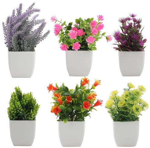 MOUYAT 6 Pack Mini Potted Artificial Plants, Small Lifelike Fake Greenery Flower in Pots, Decorative Mini Faux Plastic Plants for Home Office Garden Courtyard Balcony Indoor and Outdoor Decor
