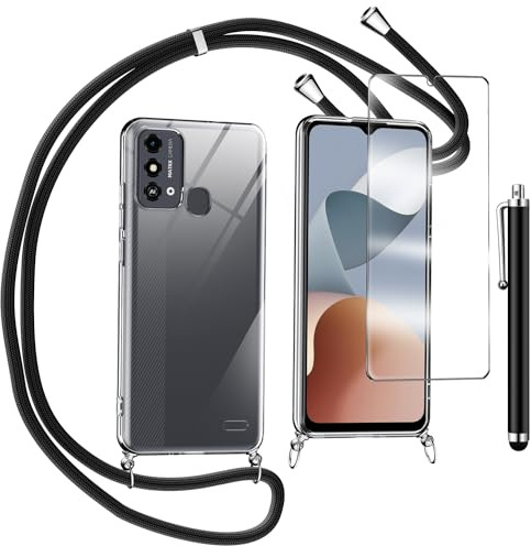 TTSWJBD Funda con Cuerda para ZTE Blade A53 Pro (6.52) y Cristal Templado Protector de Pantalla,Transparente Suave Silicona Carcasa, Ajustable Cordon Collar Colgante Antigolpes Case, Negra