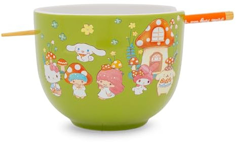 Sanrio Hello Kitty and Friends Mushroom Crew - Set di stoviglie in ceramica, include ciotola per ramen da 590 ml e bacchette in legno, set di piatti asiatici per casa e cucina