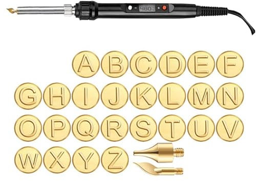 26 Letters Copper Mold —DIY Wood Burning/Carving Set, Letter Soldering Iron DIY Tools, Wood Burning Tips Alphabet Template Kit for Embossing and Carving Crafts (Black Soldering Iron + 56 PCS)