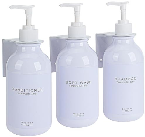 GOYISEE Dispensador de Champú y Acondicionador de 3 Habitaciones en la Pared de la Ducha, Botella de champú y acondicionador Recargable con Etiqueta Impermeable (3 Bottles 3 Wall Mounts-White)
