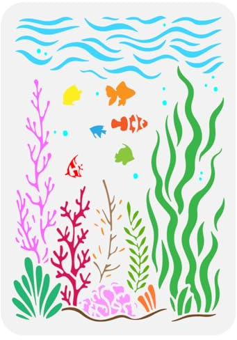 FINGERINSPIRE Wave Seabed Painting Large Stencil 21x29.7cm PET Marine Life Spraying Big Template Water Plants Clown Fish Coral Seaweed Kelp Pattern Stencil Summer Ocean Theme Wall Huge Template