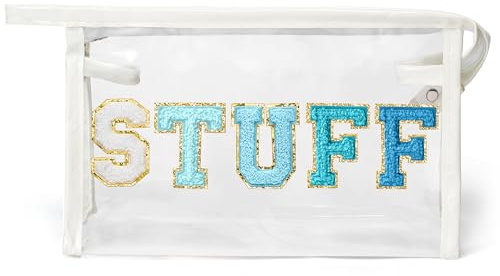 Y1tvei Clear Stuff Make-up-Tasche – adretter Aufnäher, blauer Chenille-Buchstaben, PVC, transparent, extra groß, Kosmetiktasche, tragbar, wasserdicht, Reise-Organizer, Kulturbeutel für Damen, Weiß