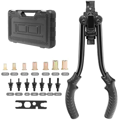 HOMFME Rivet Tool Kits, 13 Inch Heavy Duty Rivet Nut Tool with 70 PCS Rivet Nuts, M3 M4 M5 M6 M8 M10 M12 Metric 7 Mandrels, Carrying Case, Professional Rivet Gun Hand Riveter Pliers Set for Metal Wood