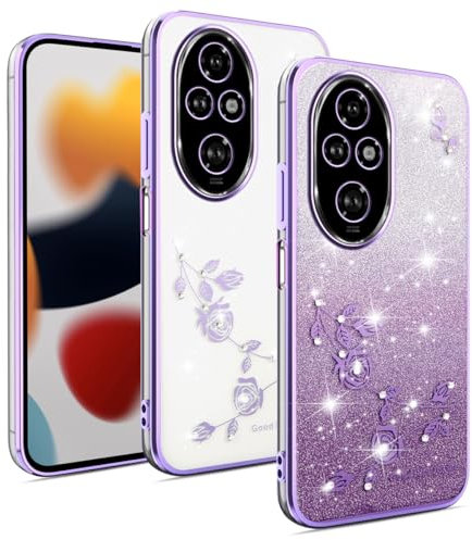 YUXING Cover Transparente Glitter per Honor 200 Pro 5G, Ragazze Donna Flora Motivo Custodia Bling Sottile, Antiurto Scintillante TPU Case (Purple)
