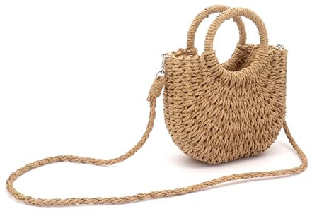 MoYouno Womens Straw Beach Bag, Summer Handwoven Tote Bags, Small Crossbody Top,Woven Semi-circle Clutch Bag Handmade Purse, with Top Handle,for shopping,parties,dating (Khaki)
