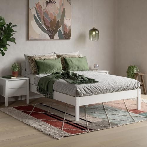 ESTADESIGN Massivholzbett 140x200 cm aus Birke, skandinavisches Design, Doppelbett mit Kopfteil, stabil und geräuschfrei, Farbe Weiß, Lieferung ohne Lattenrost – freie Wahl für Ihren Komfort