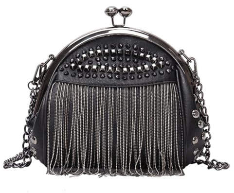 Ro Rox Tassel Shell Bag with Studs, Chain Strap, Fringe - Gothic Black Purse