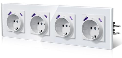 BSEED Enchufes con 20W USB y Tipo C,Enchufe Pared con Cristal,Carga Rápida,Instalación Con Garfio,E-Serie,4 Enchufes con 20W USB y Tipo C,299mm Blanco