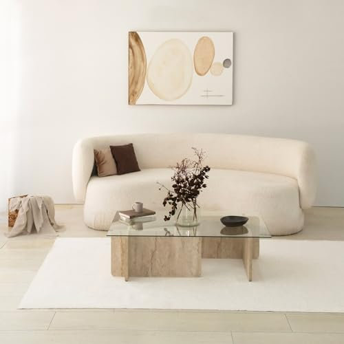Hanah Home Elegante Mesa de café, Color travertino, 105 x 30 x 65 cm, 100% Cristal y Tablero de partículas revestidas de melamina, diseño de mármol para Espacios de Vida Modernos