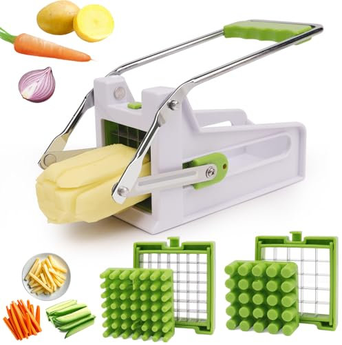 ANJUKE Pommesschneider mit 2 Schneidegrößen für individuelle Pommesdicke, Pommes für 9 oder 12 mm Sticks, Rutschfester Gummifuß, Kartoffelschneider mit Softtouch-Griff (grün/weiß)
