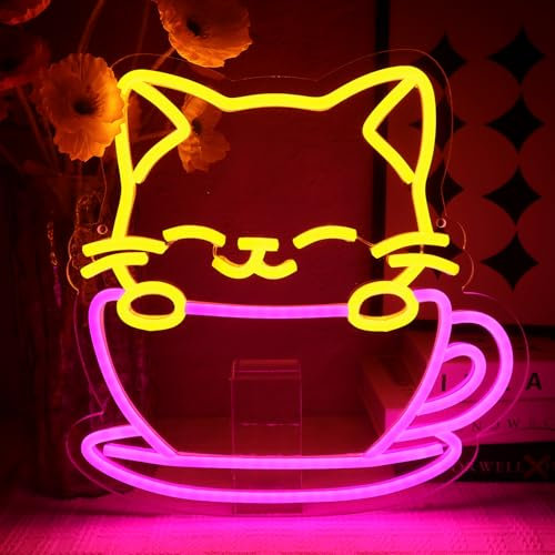 OYCGZV Kaffee Katze Neon Schild Becher Cat Led Neon Schild Wand Tee Katze Neon Sign Cat Led Schild für Kaffeehaus Bar Resturant Wohnzimmer Schlafzimmer Küche Bar Party Home Store Geschenke