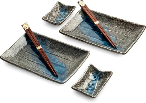 WESTCRAFT Juego de 6 platos de sushi oriental, juego de sushi para 2 personas, platos de sushi, cuencos y palillos en diseño japonés, fabricado en Japón (Blue Lake)