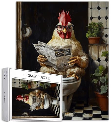Puzzle mit Huhn auf Toilette, 1000-teiliges Puzzle für Erwachsene, niedliches Huhn-Lesen, Zeitungspuzzle, herausfordernde Familienaktivitäten, buntes Bastelpuzzle für Heimdekoration, Geschenke, 50,8 x