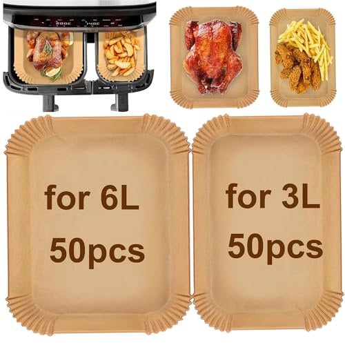 100pcs Airfryer Backpapier für Philips Airfryer Dual Basket 3000 Series 9L, 5000-Serie 6L/3L, Rechteckig Backpapier für Tefal Easy Fry EY901810 EY905D 5,2/3,1 L, Cecotec 5,5/3,5L, Moulinex 8,3 L