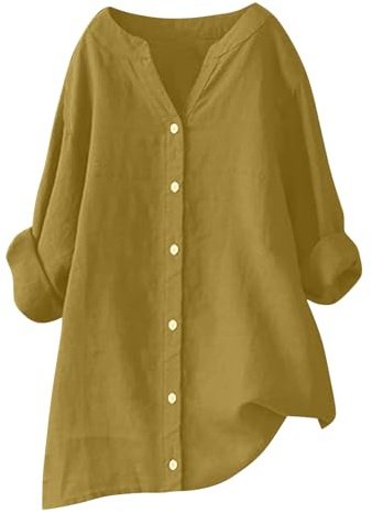 RLEHJN Chemisier Lin Femme Col en V Bouton Manches Longues Chemise Longue Ample De Couleur Unie en Coton Et Lin pour Femmes Tee Shirts Décontracté Lâche Respirant pour Plage Sport Ventes Flash