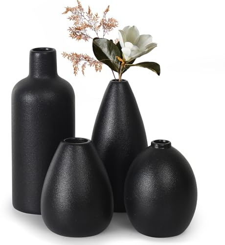 Omtofo Vase Schwarz, Keramik Vasen Set-4 Vase für Dekor Frische Blumen Pampasgras Getrocknete Blumen Home Wohnzimmer Schlafzimmer BüRo Idee Regal BüCherregal Tisch Mantel