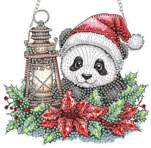 DOMROM Weihnachten Diamond Art Painting Anhänger, Panda Diamond Painting Fensterbilder Anhänger, Blumen Diamant Hängende Ornament für Kinder Erwachsene Tier Diamant Malerei Basteln Tür Wand Deko