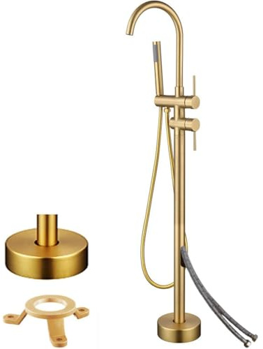 NBTRXWAFR Freistehende Armatur Badewanne, 2 Modus Standarmatur Für Wanne Mit Handbrause 360°Drehen Auslauf Bodenstehende Wannenarmatur Messing Badewannenarmatur Gebürstetes Gold,B