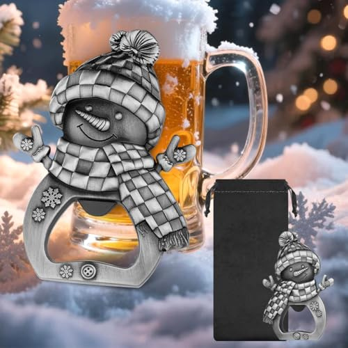Cute Snowman Bottle Opener, Christmas Decoration, Snowmen Ornaments, Novelty Beer Opener with Gift Bag, Home Parties Accessories, Bar Tools, Xmas Gifts for Men Women, New Year Gift for Him Dad, Silver
