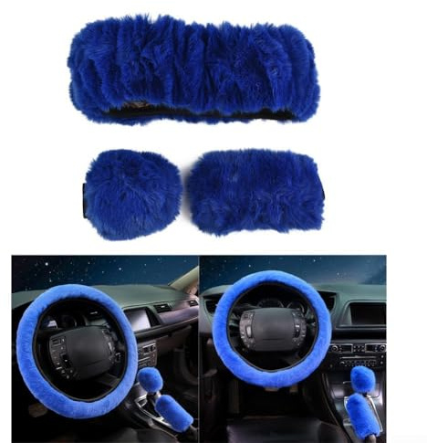 Lenkradbezug-Set, Kunstwolle, Plüsch, ideal für den Winter, Blau, 3-teilig