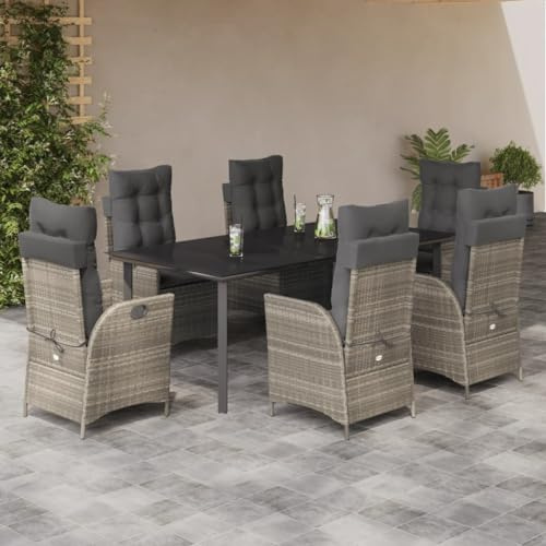 Tonture 7-TLG. Garten-Essgruppe mit Kissen Hellgrau Poly Rattan, Verstellbare Relaxsessel, Outdoor Möbel Set für Terrasse, Balkon, Essbereich