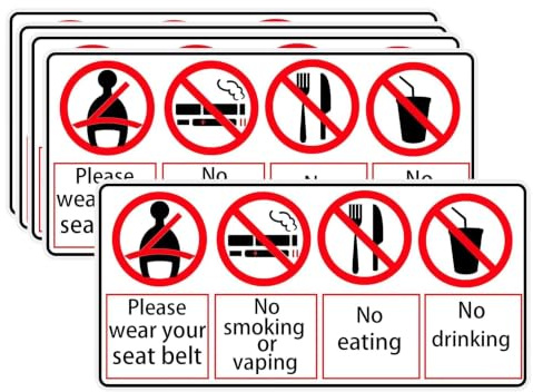 Seat Belt Must Be Worn Sticker No Eating No Drinking No Smoking Safety Sign | 5Pcs Waterproof self-adhesive Vehicles Safety Warning Window Stickers 2.76 X 6 Inch Food and Beverage Signs