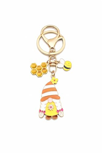 OATHCAF Porte clés nain de jardin émaillé cadeau abeille nid d’abeille anneau pour femme amoureuses de nature pochette voiture breloques