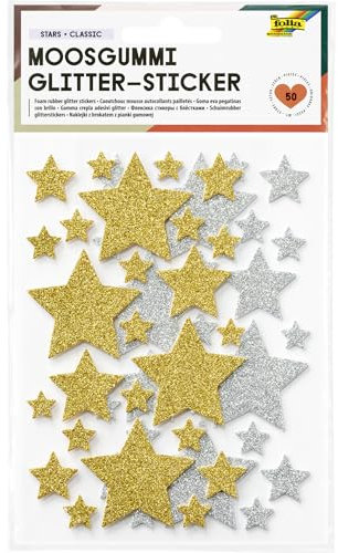 folia 23777 23777-Moosgummi Glitter-Sticker Stars Classic, 50 Stück in Gold und Silber, Aufkleber in 4 Größen zum Verzieren und Dekorieren