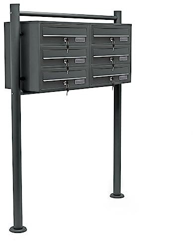 Wiltec 6er Briefkastenanlage Anthrazit 898 x 270 x 1150 mm, Standbriefkasten mit 2x3 Fächern, Schlüssel und Namensschild, Briefkasten Postkasten mit Ständer