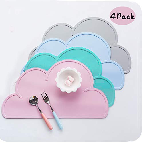 Coriver 4 PCS Kids Placemats, Food Grade Silicone Cloud Shaped Non-Slip Foldable Portable Table Food Tray Heat Resistant Tableware Placemat Plate for Infant Baby Children (Pink+Blue+Green+Grey)