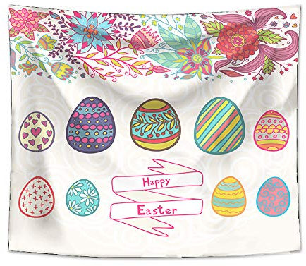 Odot Wandteppich Ostern Stil Wandtuch Wandbehang, Ostereier Kreatives Element Drucken Tapisserie Polyester Tischdecke Wandteppiche für Zuhause Wanddekorationen (264x224cm,Fröhliches Ostern)