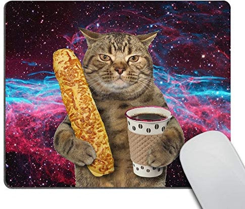 Wasach Funny cat Mousepad,The Cat is Holding a Cup of Black Coffee and a Baguette with Galaxy Design Customized Rectangle Non-Slip Rubber Mousepad Gaming Mouse Pad