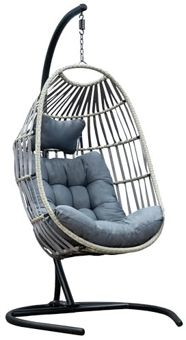 SH&G Hanging Egg Chair | Basket Chair, Stand & Cushion Set | Grey Rattan & Steel with Grey Cushion | Signature Homes and Gardens