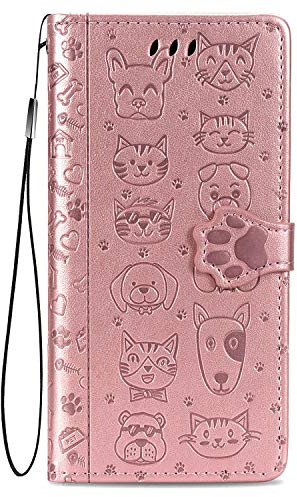 Fertuo Coque pour iPhone 12 Pro/iPhone 12, Antichoc Portefeuille Étui Housse en Cuir à Rabat avec Porte Carte, Chiusura Magnetica [Motif de Chat Chien] Flip Cover Case pour iPhone 12 Pro, Or Rose