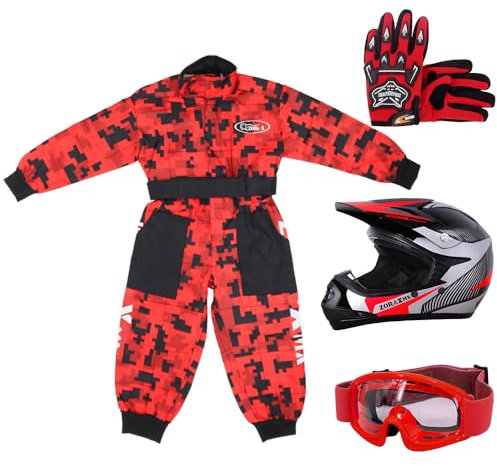 Zorax M(7-8 Years) Kids CAMO Suit & Gloves M(6cm) & Goggles & ZOR-X19 Red M (51-52cm) PREDATOR Kids Motocross Helmet ECE 2206, Child Dirt Bike Motorocycle Helmet Clothing Suit Set