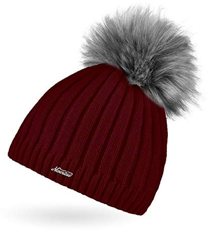 Neverless® Damen Strick-Mütze gefüttert Fell-Bommel Kunstfell Bommelmütze Fleece-Innenfutter Bordeaux