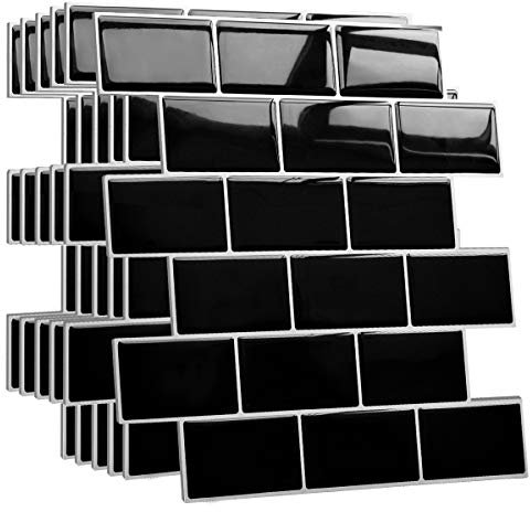 Yoillione Upgrade Dickere 3d Fliesenaufkleber Aufkleber für Bad Küche, Klebefliesen Vinyl Fliesen Selbstklebend Fliesenfolie, Weiß PVC Metro Fliesen Selbstklebend (5, Schwarz)