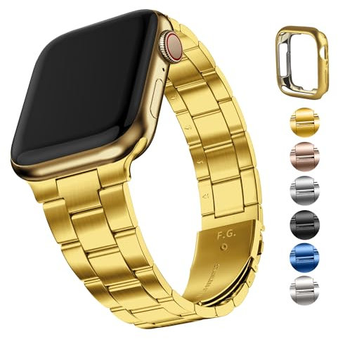 Fullmosa Kompatibel mit Apple Watch SE Armband 44mm 45mm 42mm Damen Herren, Neues Metall Schlanks Frauen Ersatzband für iwatch SE Series 9 8 7 6 5 4 3 2 1, Gold