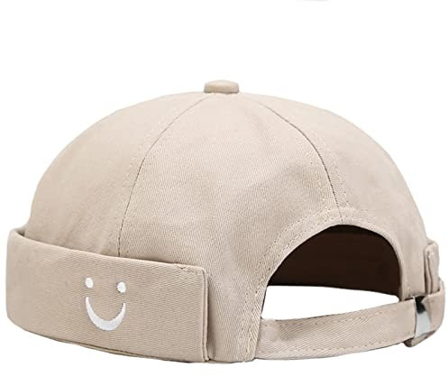 Malaxlx Herren Lächeln Gesicht Stickerei Beige Docker Cap Seemannsmütze Docker Mütze Hafenmütze Seemannskappe Brimless Cap Herrenmütze Verstellbar