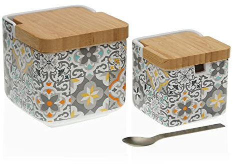 Versa Alfama Set de Salero y Azucarero de Cerámica y Bambú, con Tapa de Madera y Cuchara de Metal, Medidas (Al x L x An) 11,2 x 11,7 x 11,8 cm, Color Gris, azul, amarillo y blanco