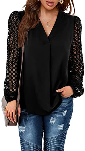 Beluring Blouse for Women Casual V Neck Tshirts Swing Long Sleeve T-Shirts Floaty Tunic Tops Black Size 8 10
